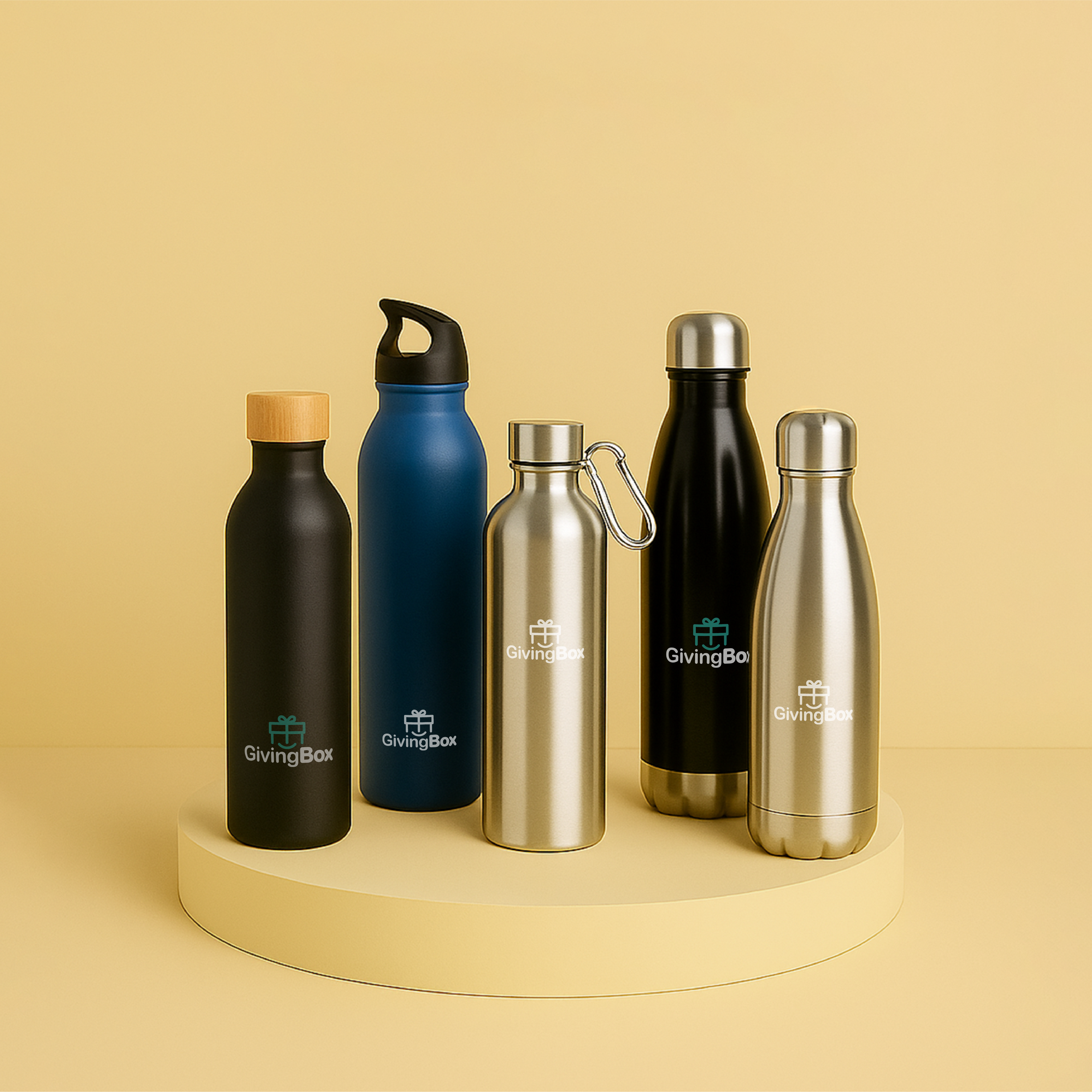 Cinco botellas reutilizables de aluminio y acero sobre pedestal amarillo, en distintos colores y terminaciones.