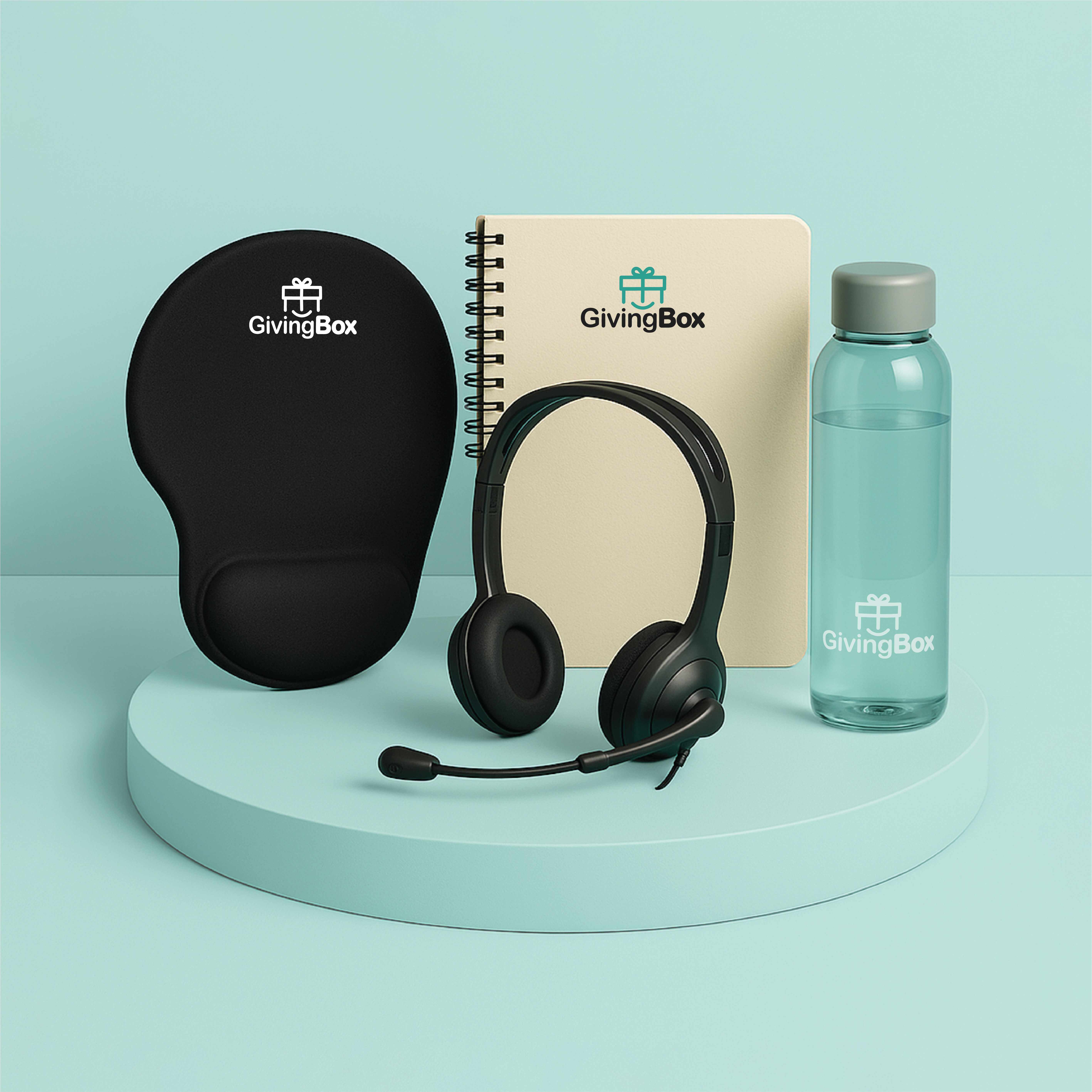 Kit de productos para home office con mousepad ergonómico, auriculares con micrófono, cuaderno anillado y botella reutilizable sobre fondo color turquesa.