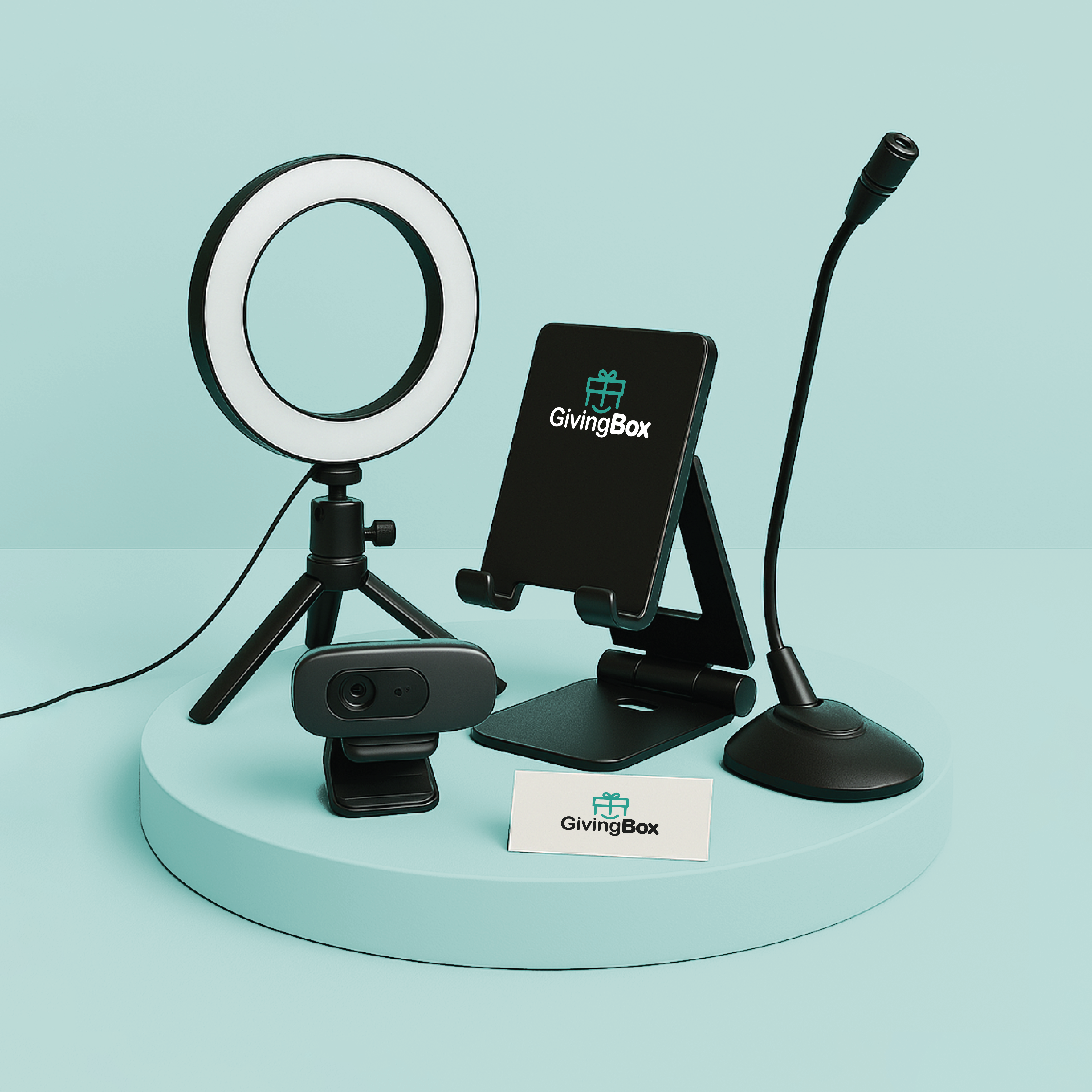 Kit para videollamadas con aro de luz, webcam, soporte para celular y micrófono sobre fondo turquesa.