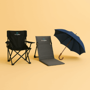 Sillas plegables, reposeras y paraguas Giving Box personalizados con logo.