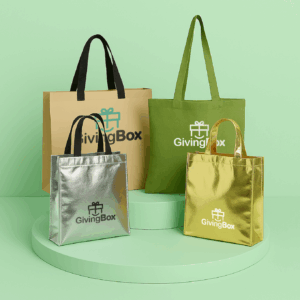 Bolsas corporativas Giving Box tote, ecológicas y metalizadas personalizadas con logo.