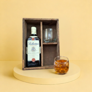 CAJA DE MADERA C/2 VASOS P/WHISKY MÁS ESPACIO P/1 BOTELLA